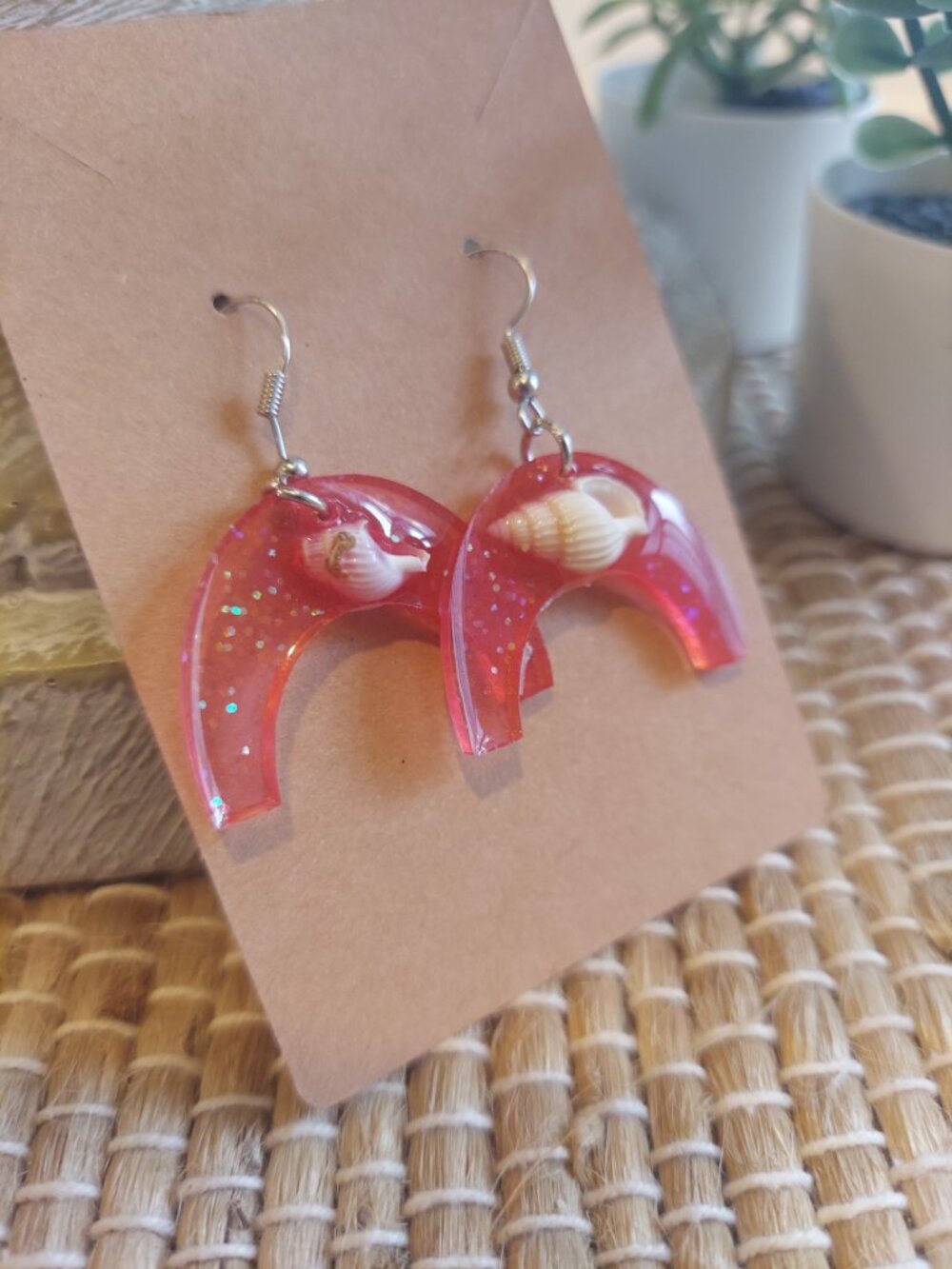 Handmade Crescent Moon Shell Earrings | Pink Sparkle Resin | Coastal Beach Jewel - Picture 7 of 8